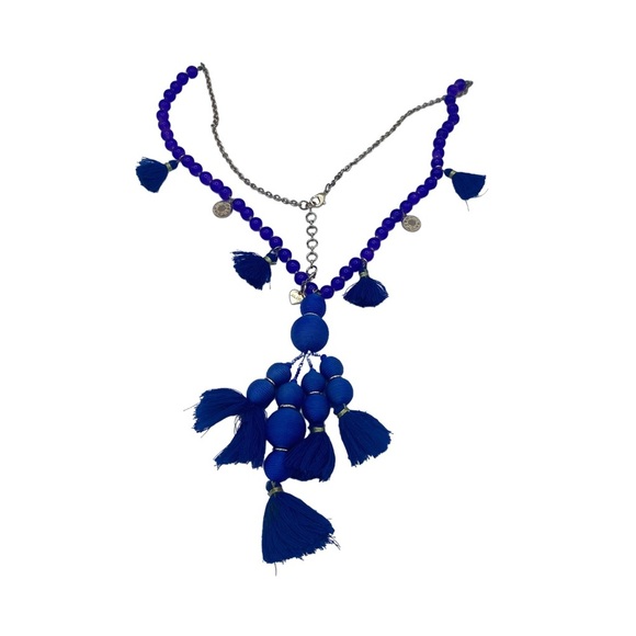 Aldo cobalt blue long necklace statement fringe beaded - Picture 1 of 8